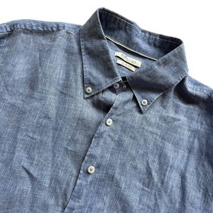 H.E. by Mango Shirt Mens Size L Blue Chambray Button-Down Slim Long Sleeve Linen